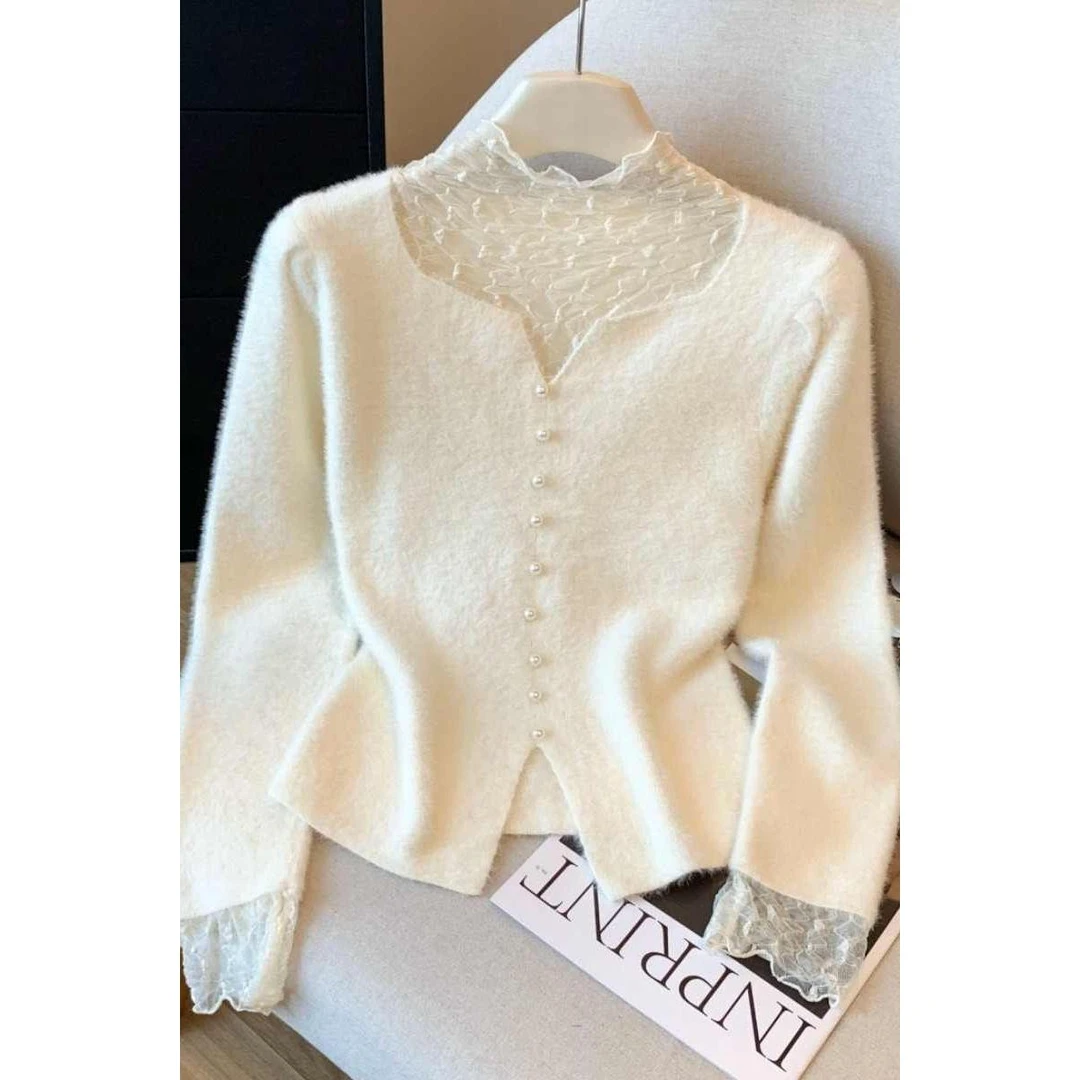 正品水貂毛假两件叠穿蕾丝针织衫女秋冬洋气钉珠打底衫高级感优质