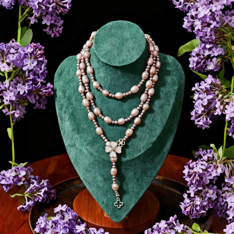 【幸运草】天然淡水珍珠项链女粉紫色四叶草毛衣链1.2米【多样性发1】