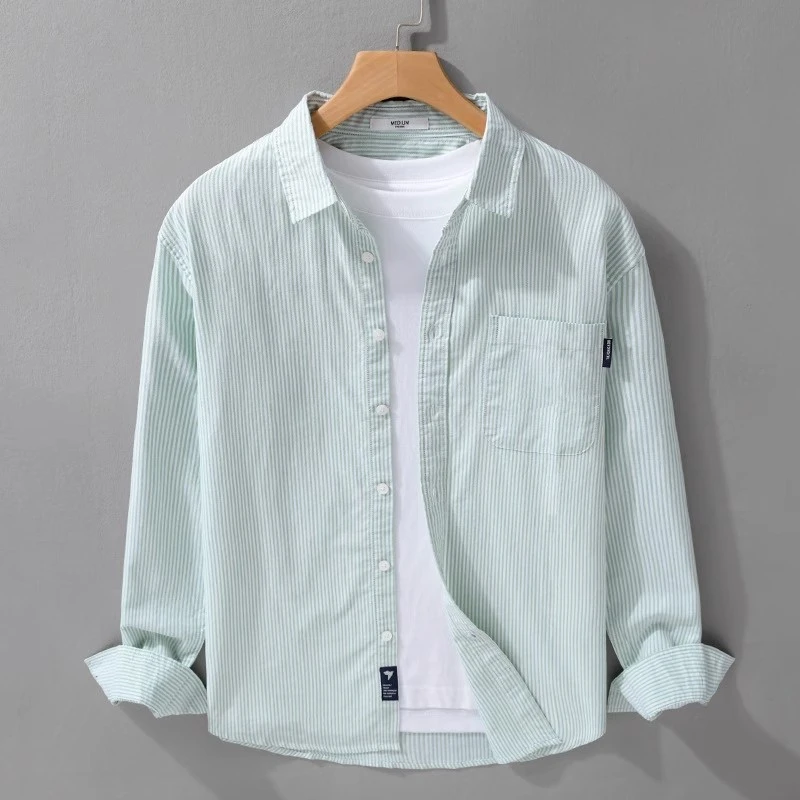 秋季条纹设计感长袖翻领衬衫男港风休闲百搭宽松清新文艺青年衬衣