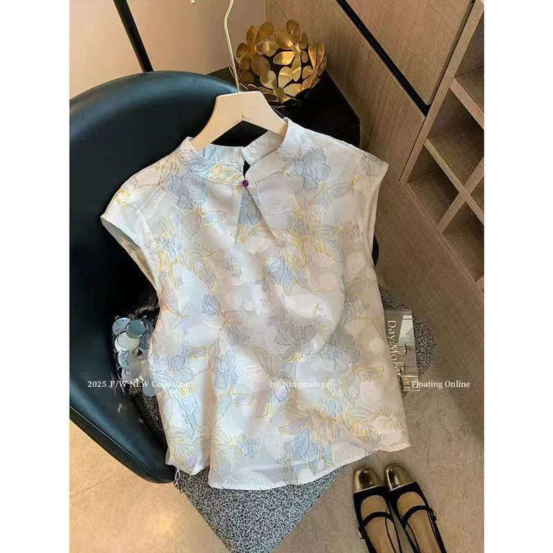 新中式立领盘扣刺绣提花无袖衬衫女2025新款禅意减龄别致背心上衣