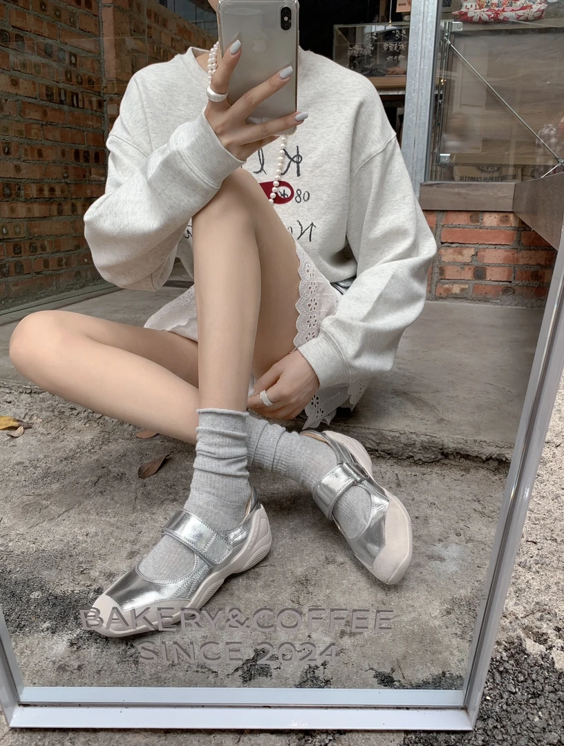 2025~银色夏牛皮法式玛丽珍女鞋厚底软底休闲百搭芭蕾风中筒
