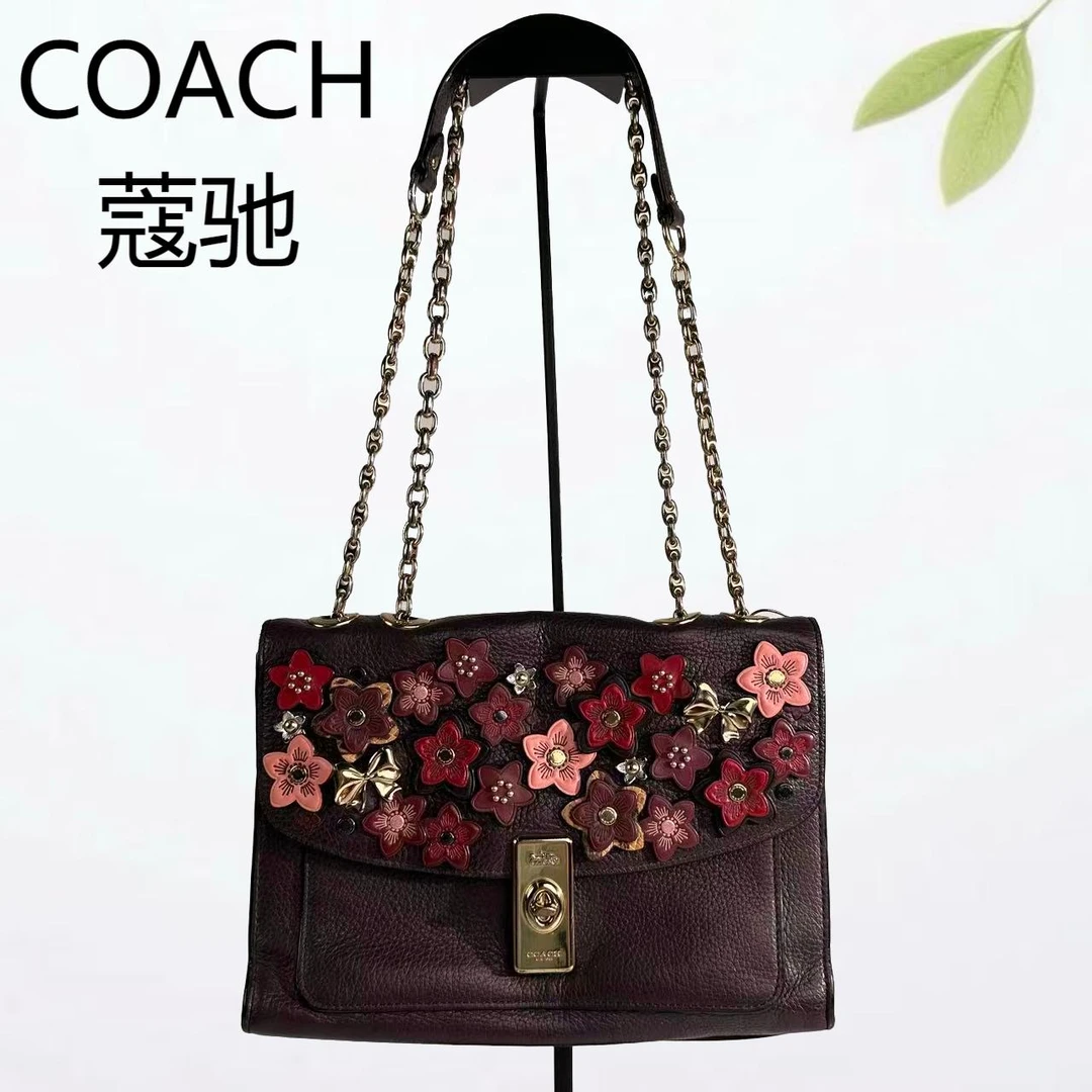 95新 COACH/蔻驰 紫红色花朵手提单肩斜挎包G25804590底长26X18
