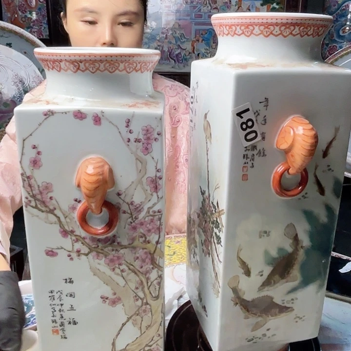 摆件景德镇高温陶瓷一对珠山八友对器