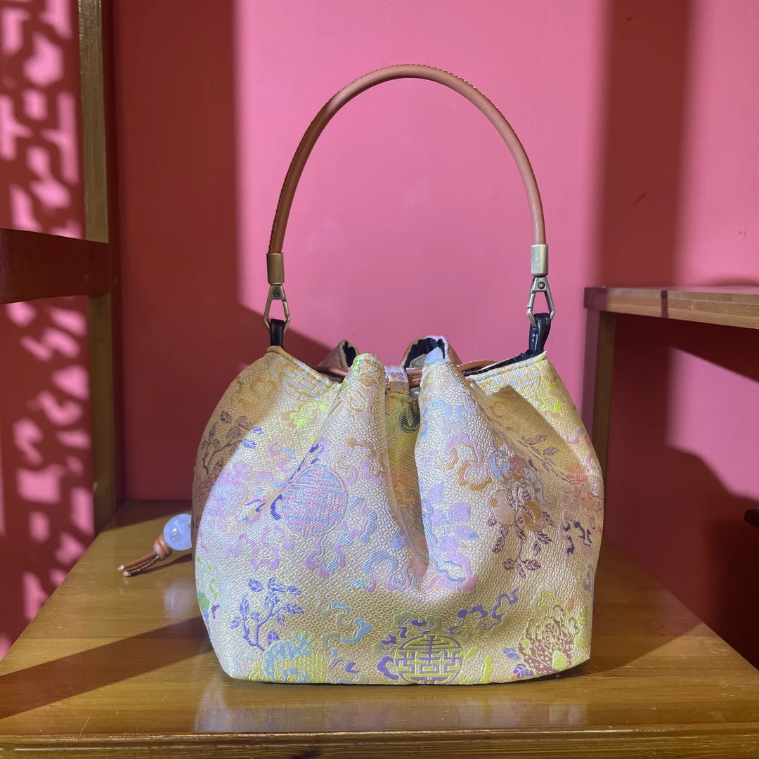 [香槟金福寿三多茶包] 中式绣花斜挎包包