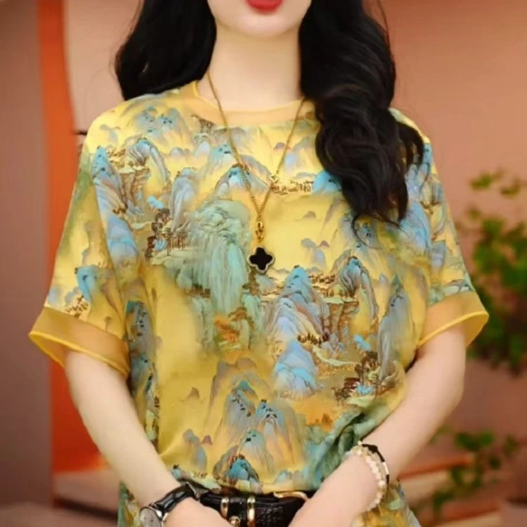 水墨画新款冰丝肤感透气圆领上衣显瘦显白宽松女装276夏季洋气