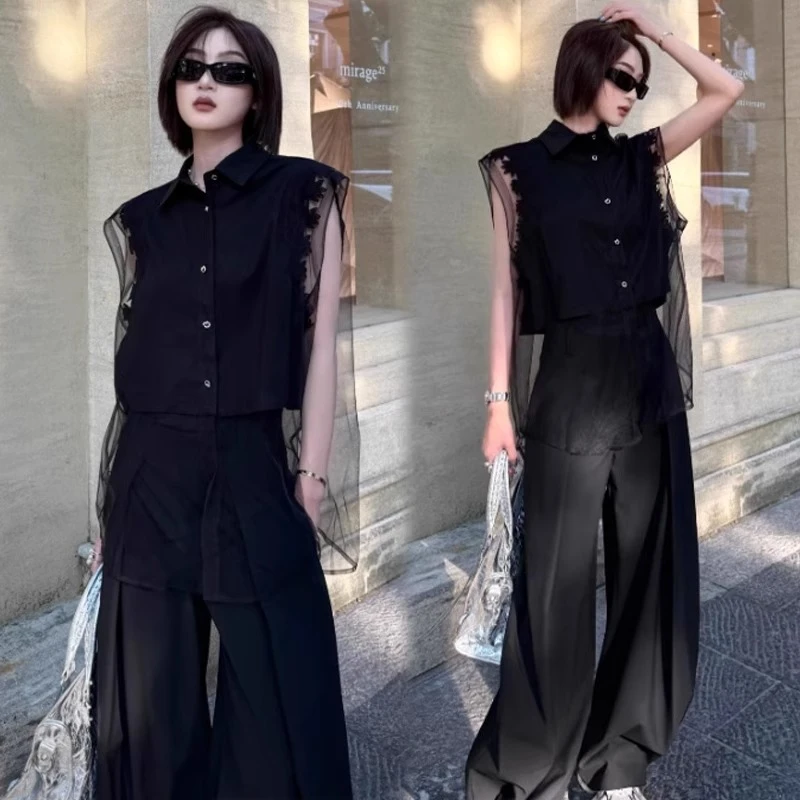法式设计感小众蕾丝网纱拼接无袖衬衫女夏装休闲宽松假两件上衣潮