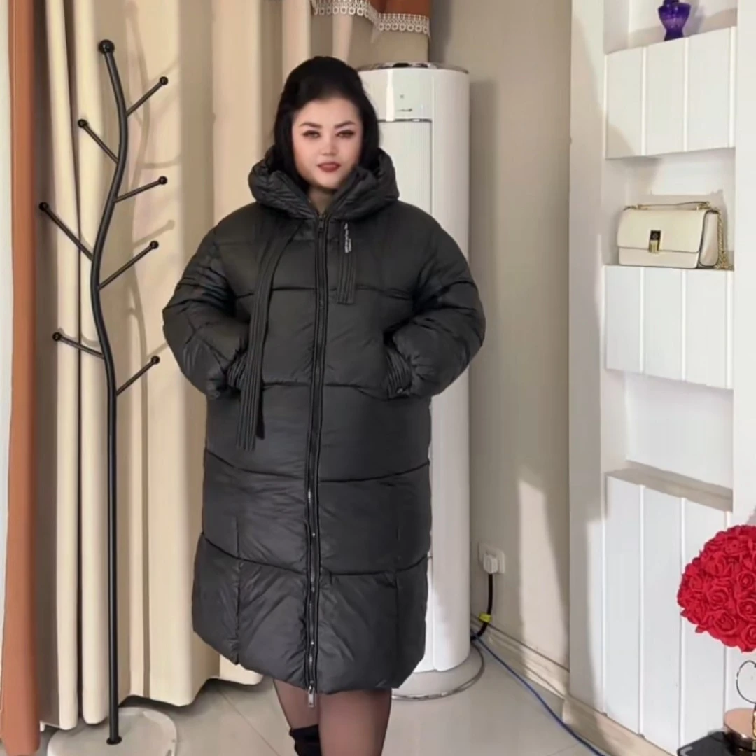 女长款过膝韩版加厚连帽飘带宽松保暖外套时尚百搭冬季