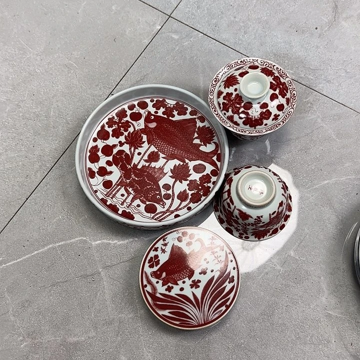 瓷片釉里红鱼藻纹四件套