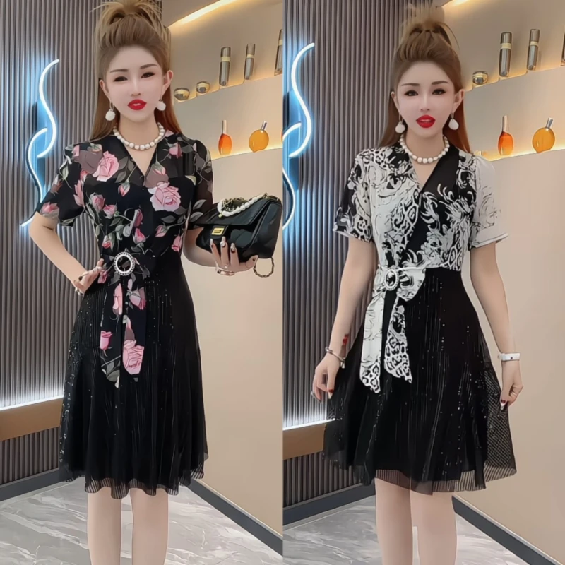 夏季爆火碎花网纱拼接连衣裙散发迷人魅力尽显韩版气质