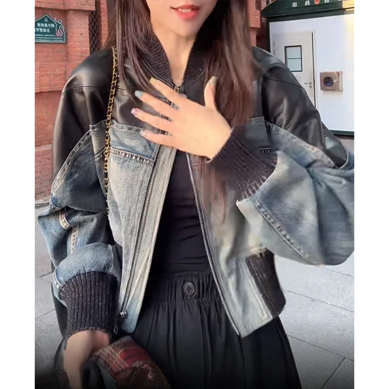 设计感拼接牛仔短外套女春秋季2025新款韩版复古休闲宽松夹克上衣