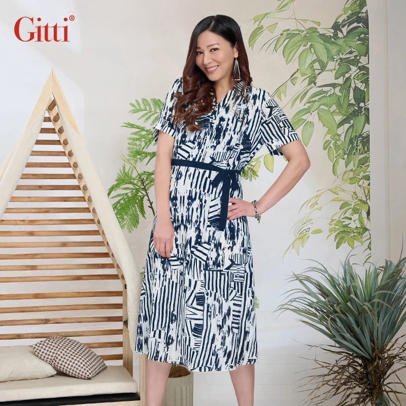 Gitti/吉蒂春夏新品POLO领印花收腰显瘦连衣裙女大码裙子G251267