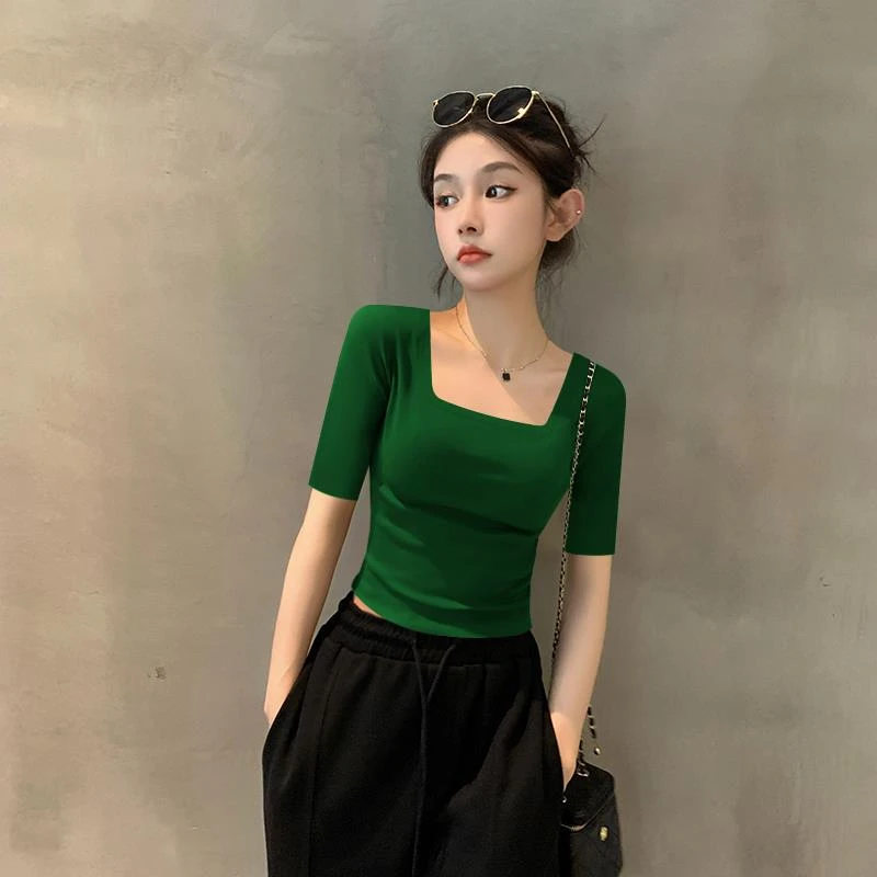 2025新款夏季深绿色法式方领中袖T恤女高级感针织螺纹短款上衣潮