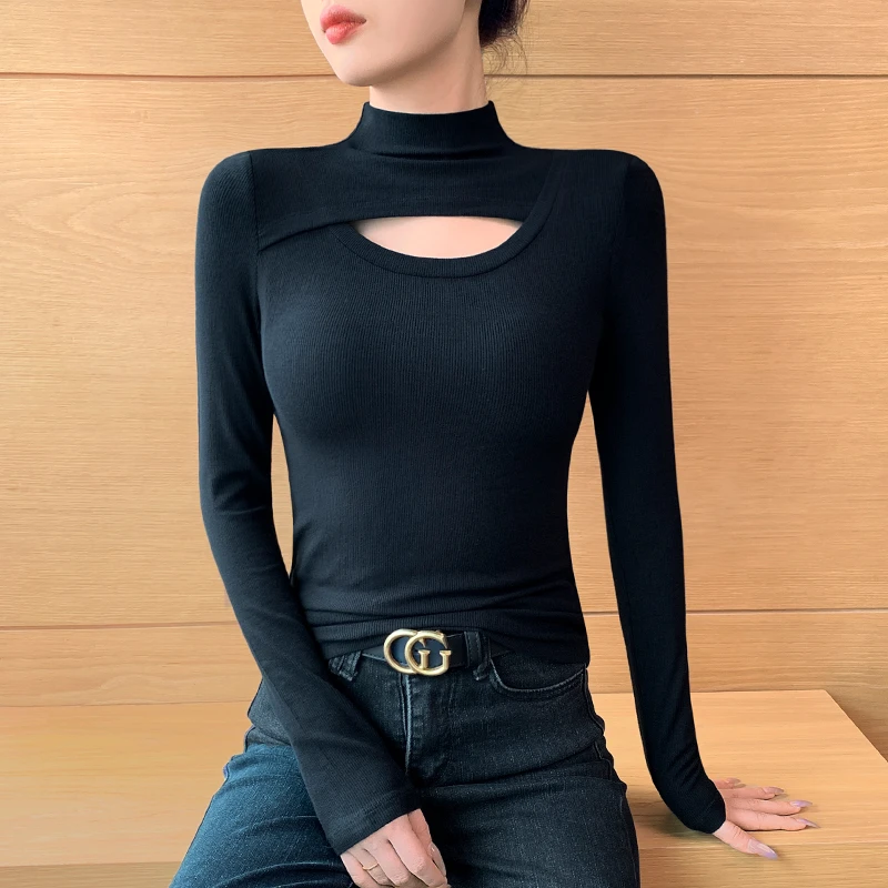镂空黑色半高领打底衫女2025新款螺纹紧身长袖t恤修身内搭上衣秋