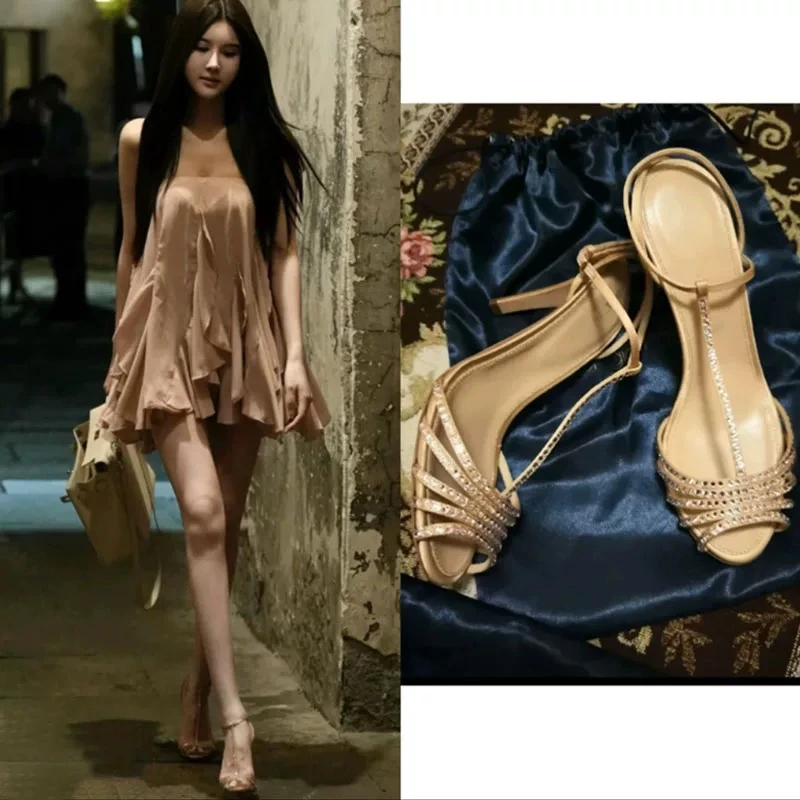 琮瑗同款2025年新款古早细跟绑带高跟鞋女香槟金水钻鱼嘴宴会凉鞋