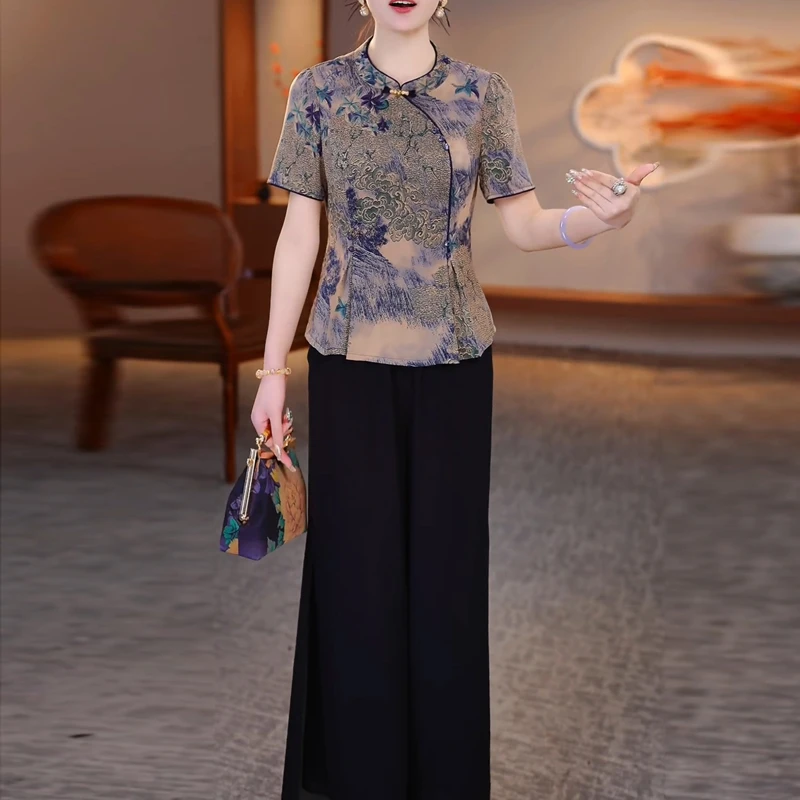 新中式减龄套装2025新款夏改良旗袍上衣阔腿裤洋气妈妈休闲两件套