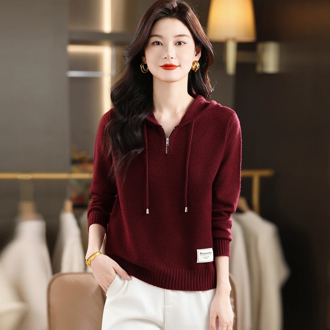 简约连帽拉链针织开衫女短款秋冬季外穿羊毛衫小个子毛衣显瘦外套