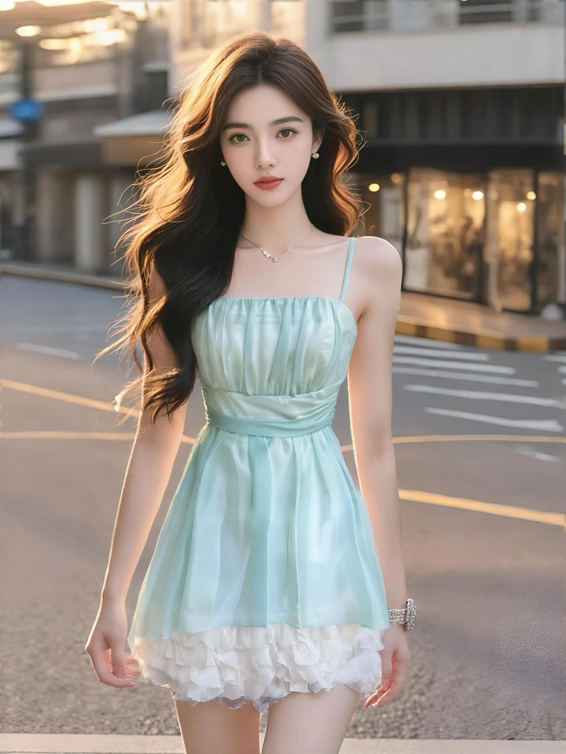 2025夏季新款薄荷绿一字肩吊带收腰连衣裙女小众设计时尚高级气质