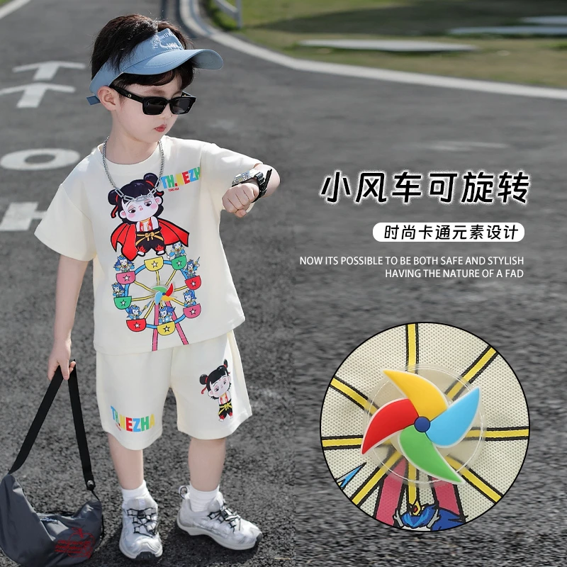 哪吒儿童夏季风车短袖套装1-9岁男童夏装薄款纯棉t恤帅宝宝衣服潮