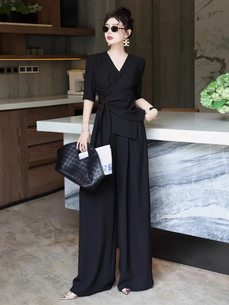 设计感时尚气质套装女夏季V领绑带修身收腰显瘦上衣阔腿裤两件套