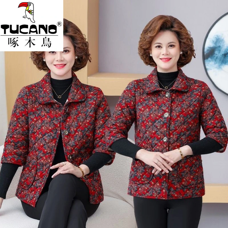 啄木鸟中老年秋冬半袖加绒马甲新款妈妈棉袄坎肩加厚保暖外套中袖