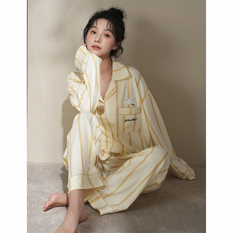 韩版春秋季条纹睡衣女款爆款2025新款家居服套装慵懒感纯棉长袖