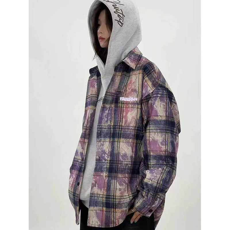 扎染格子衬衫男生春秋季中性风情侣百搭休闲潮牌宽松长袖衬衣外套