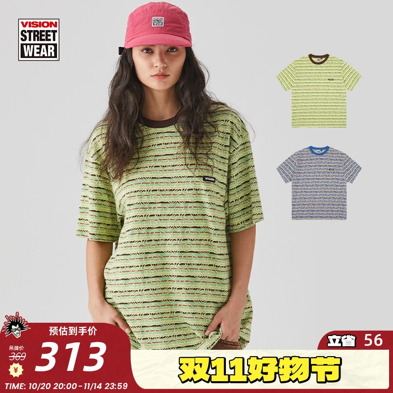 VISION 美式街头复古定织提花圆领短袖T恤2色男女春夏