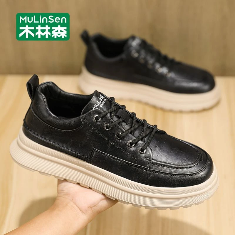木林森板鞋男款2025新款秋季高级感时尚休闲潮鞋软底商务防滑皮鞋