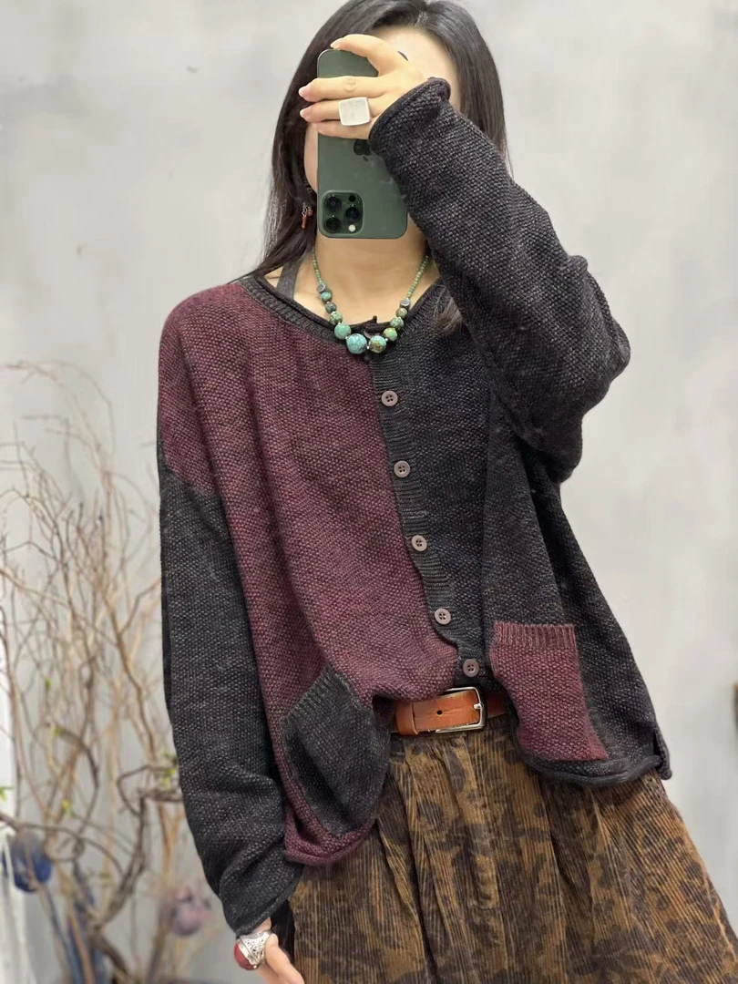 YDD 8910 秋季新品拼色撞色棉线单排扣女士开衫上衣 胸围140长53