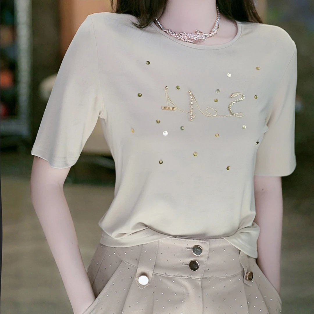 4-30【闲适出街】重工时尚休闲气质百搭圆领减龄短袖