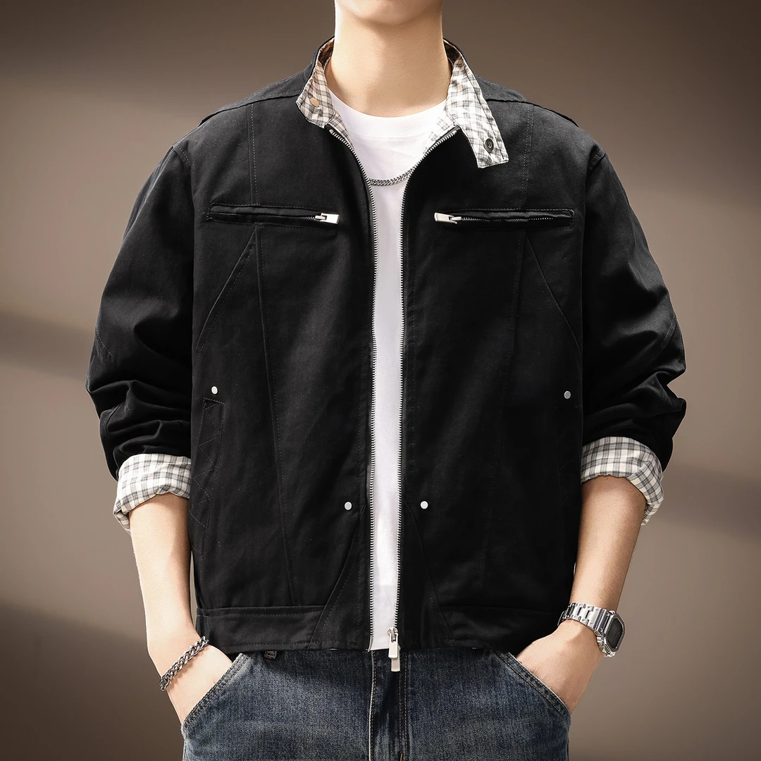 高端美式重工哈灵顿夹克男士2025秋季重磅帆布格纹休闲立领外套男