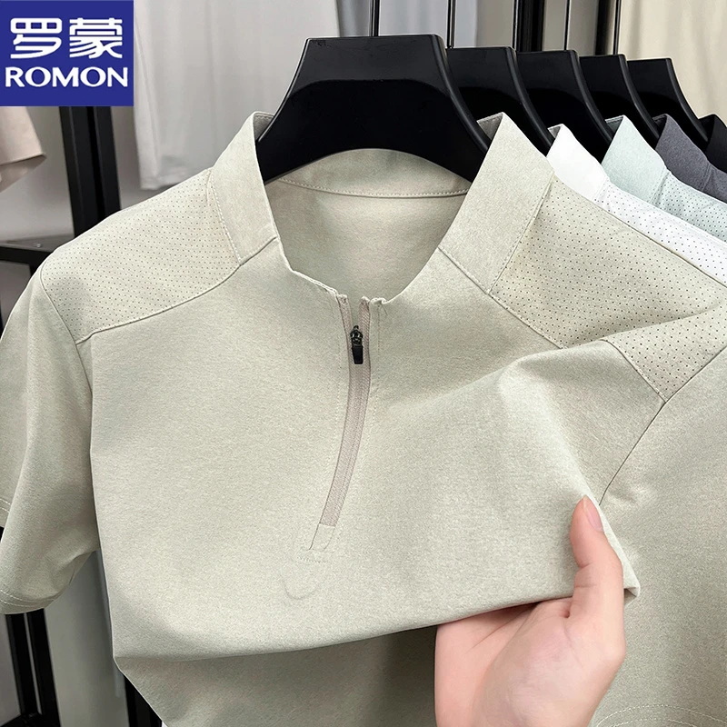 罗蒙夏季吸湿速干运动型拼接带拉链款T袖宽松透气半袖干练健身服