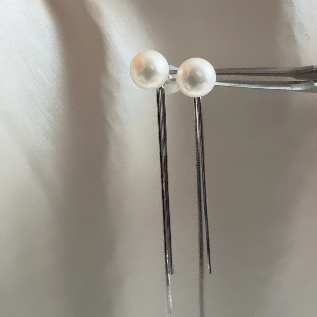 淡水珍珠耳饰银S925镶嵌6-7mm 银色流苏耳钉