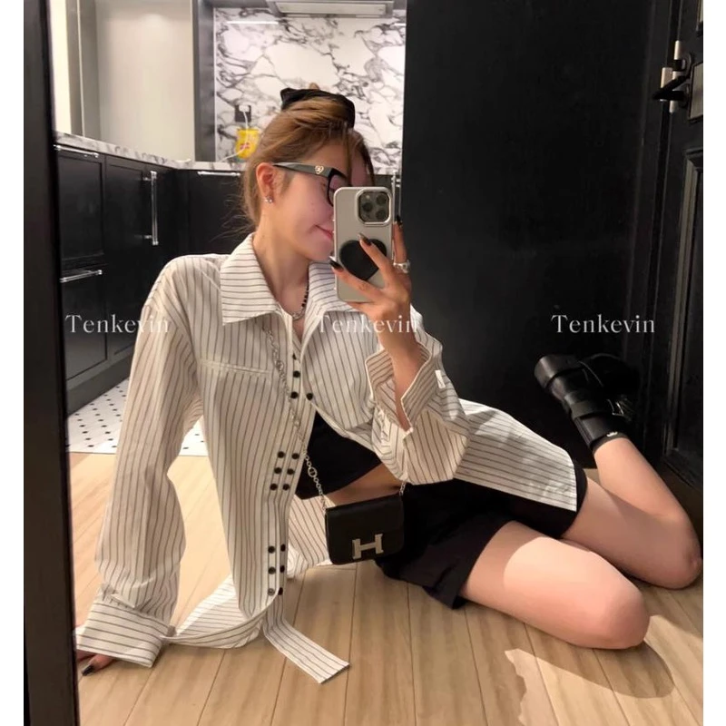 别致双排纽扣春秋显瘦日系白色条纹衬衫女休闲宽松衬衣外套