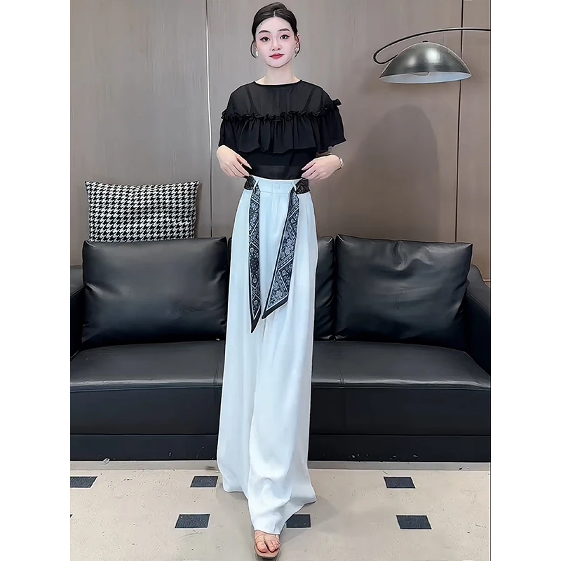 2025夏季新款白色高腰压褶直筒休闲垂坠感拖地休闲时尚阔腿裤女