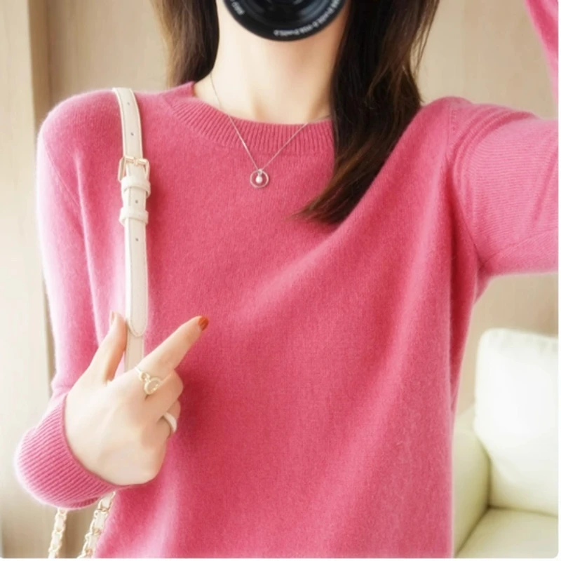 春秋新款薄款显瘦圆领针织衫女套头纯色时尚百搭长袖毛衣打底上衣