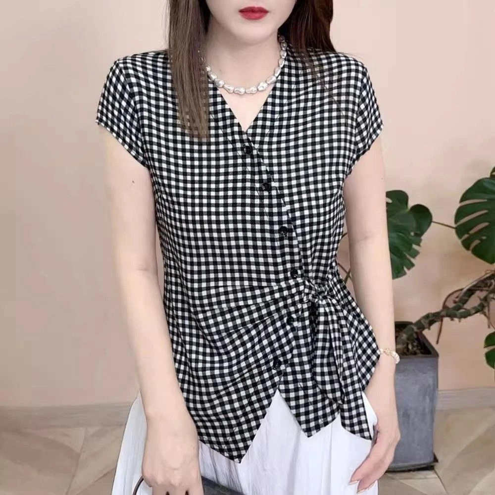 格子V领短袖衬衫女2025新款夏季韩版时尚不规则系带显瘦洋气上衣
