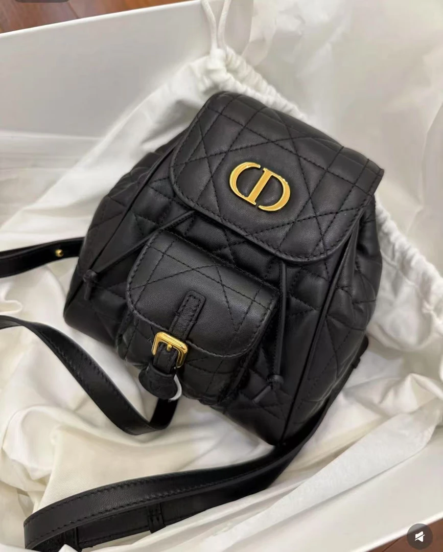 99新 DIOR/迪奥 caro双肩包小号黑金/优品