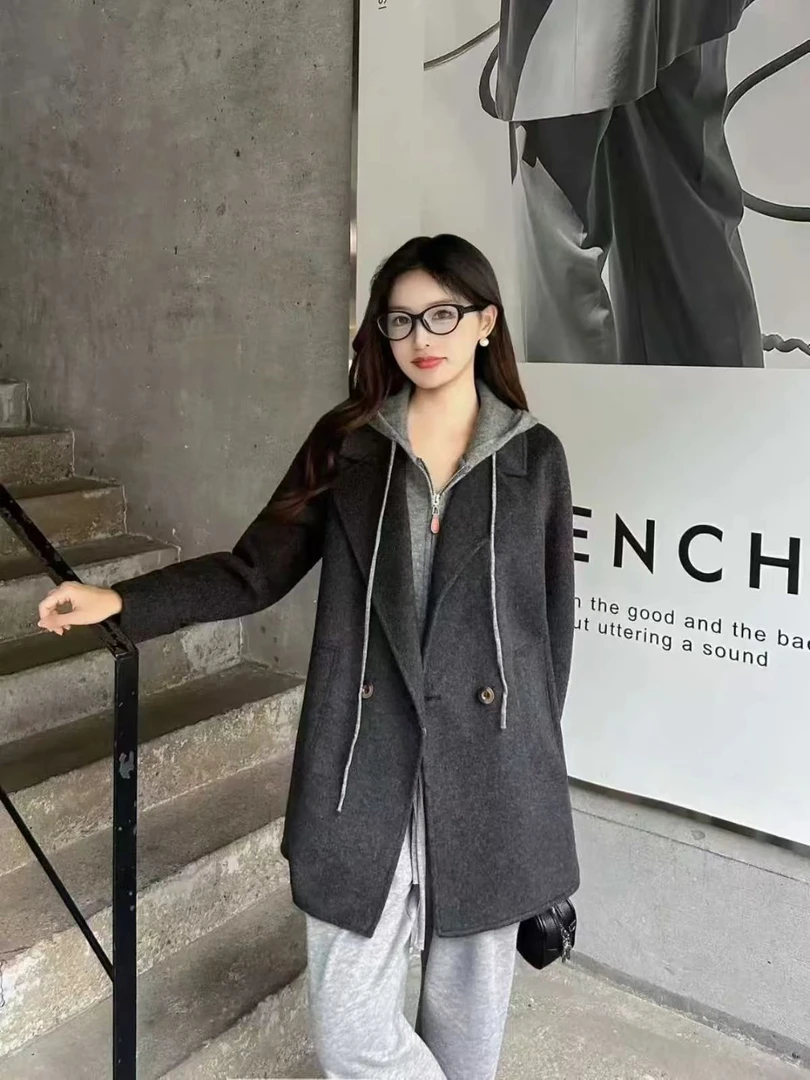 冬季新品真二件中长款保暖双面呢宽松外套时尚百搭小个子洋气穿搭