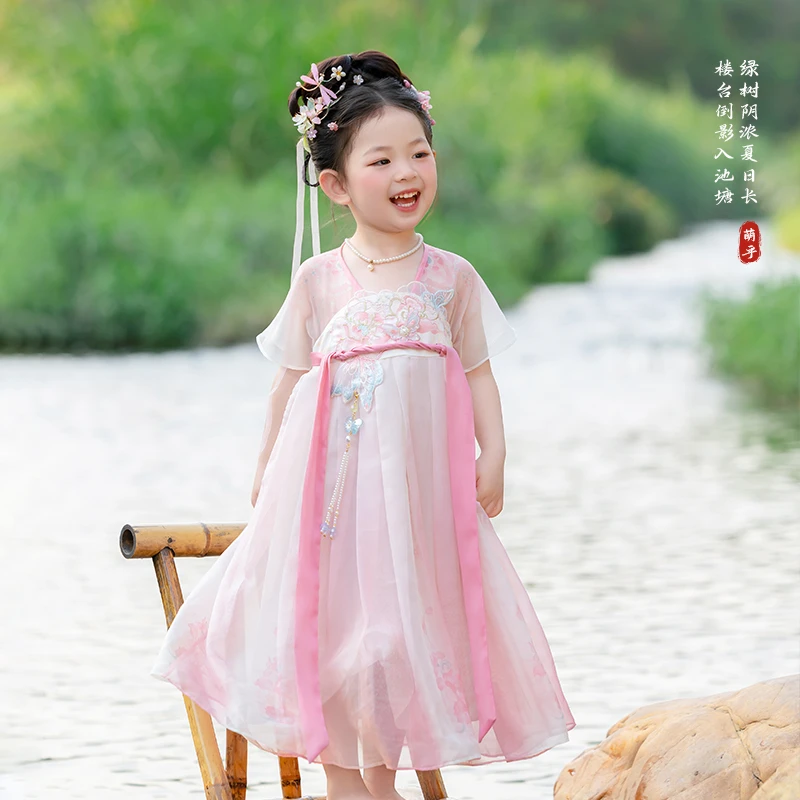 【蜜桃】儿童汉服2025夏季新款宝宝古风短袖超仙古装裙子儿童连衣裙