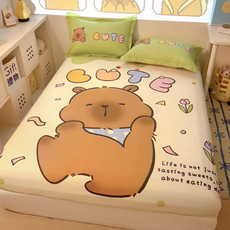 卡皮巴拉纯棉床笠床罩全棉卡通防滑床笠宿舍床垫保护罩家用公主风