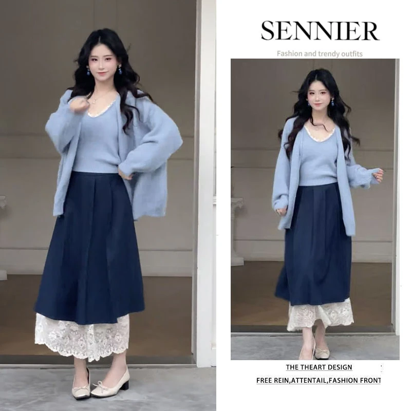 秋季温柔系穿搭女2025新款韩版减龄百搭针织开衫背心半身裙三件套