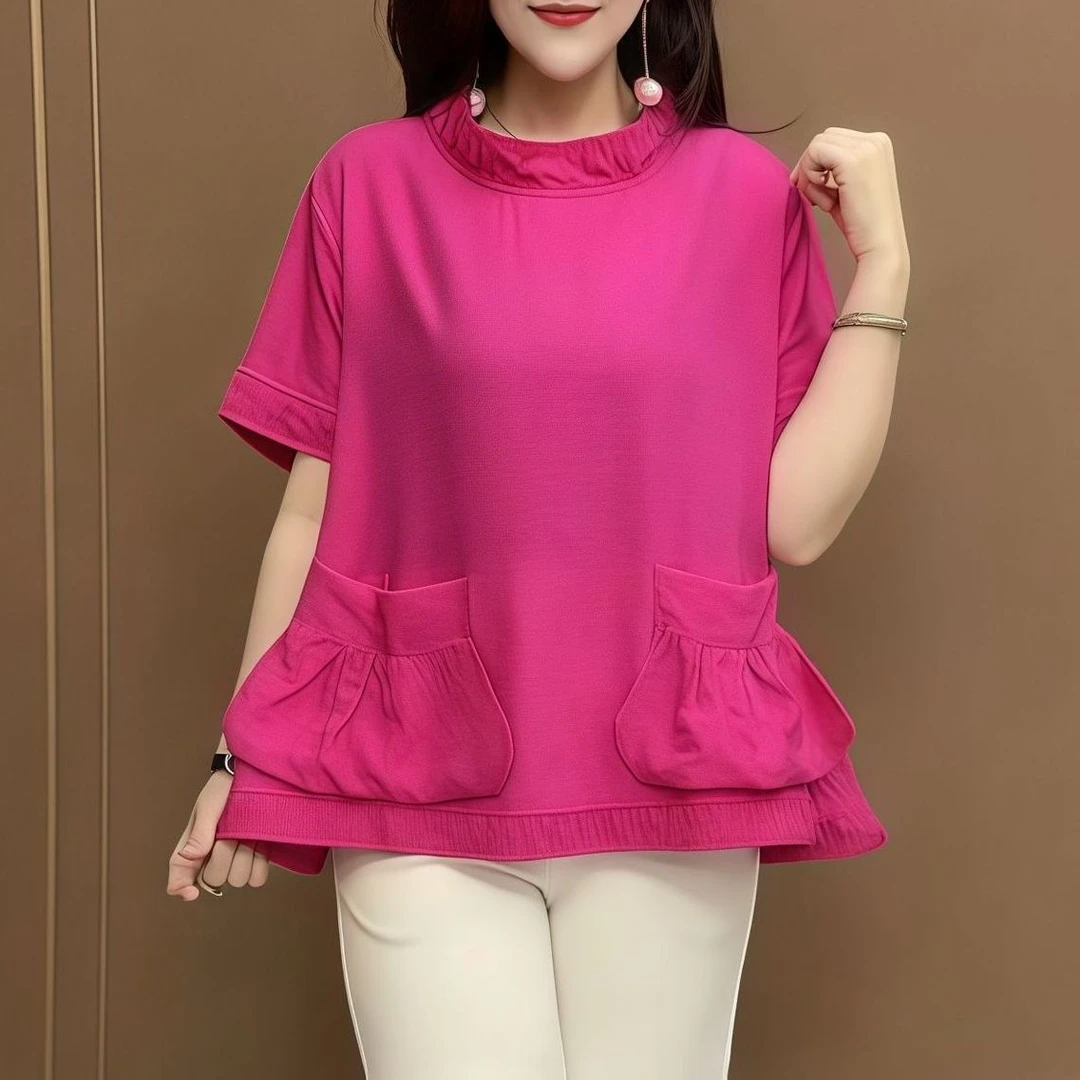 2025新款宽松薄款中老年女装短袖小衫遮肉纯色洋气设计感口袋上衣