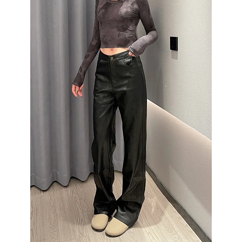 175高个子超长180黑色直筒皮裤女款爆款2025新款窄版PU休闲拖地裤