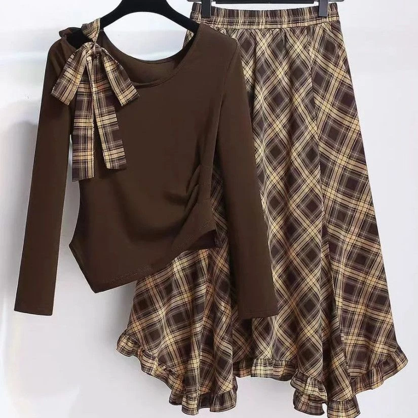 不规则斜肩长袖系带上衣格纹半身裙女套装薄款2025春秋新款连衣裙