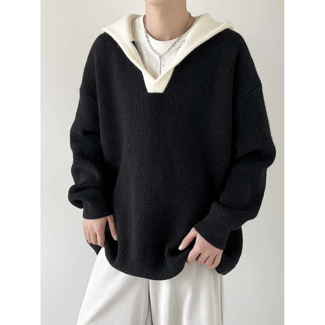 韩版撞色拼接连帽毛衣男冬季cleanfit宽松慵懒风情侣休闲套头帽衫