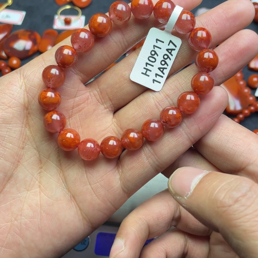 一***界南红玛瑙未镶嵌手串原矿南红手串9mm➕火焰纹一