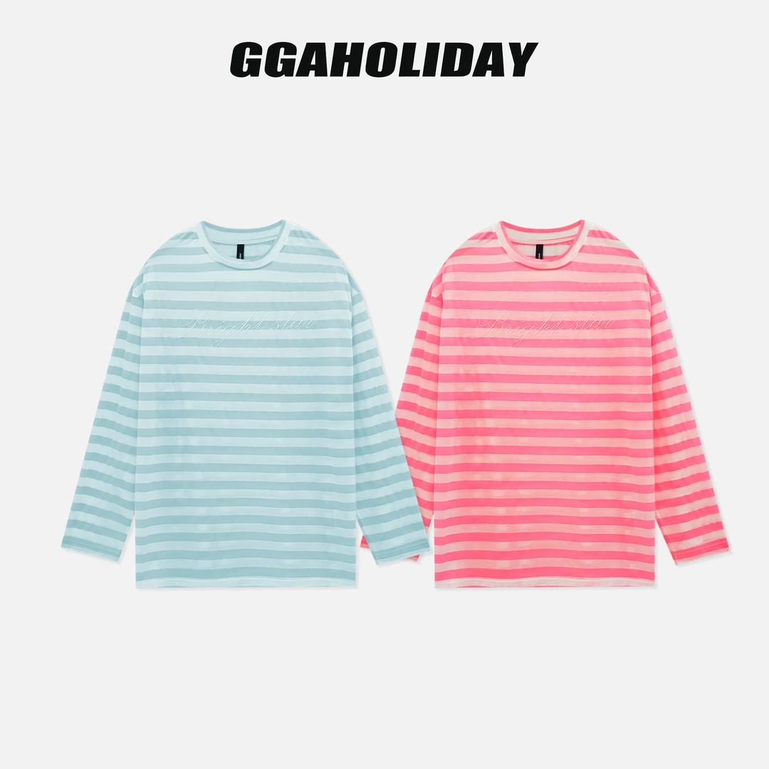 【上新】GGAHOLIDAY秋季时尚百搭宽松潮流条纹撞色情侣长袖T-154092