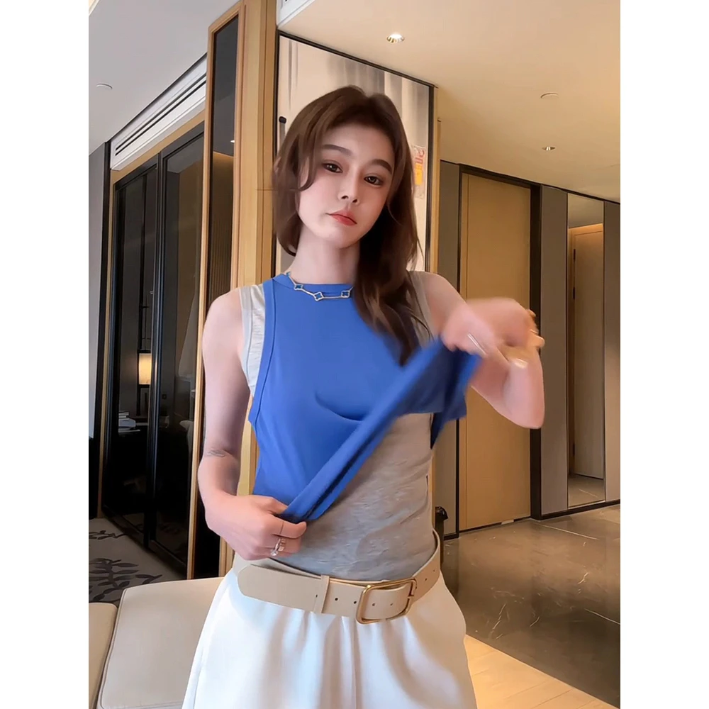 欧货INS风拼色叠穿真两件T恤女2025夏季新款时尚洋气休闲百搭上衣