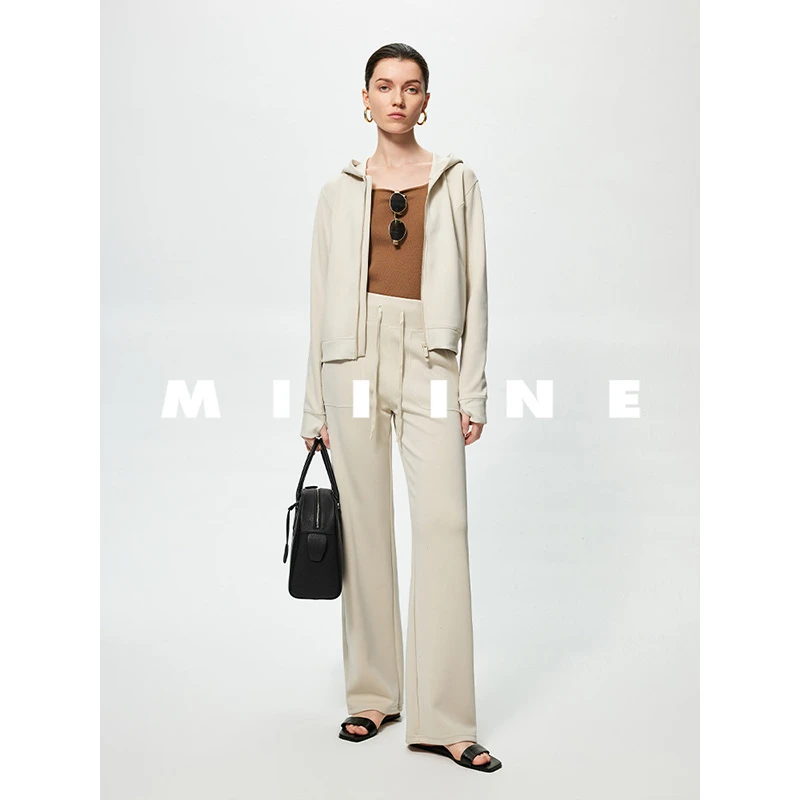 Miiine莫代尔卫衣卫裤套装女 连帽拉链卫衣外套 垂感直筒裤两件套